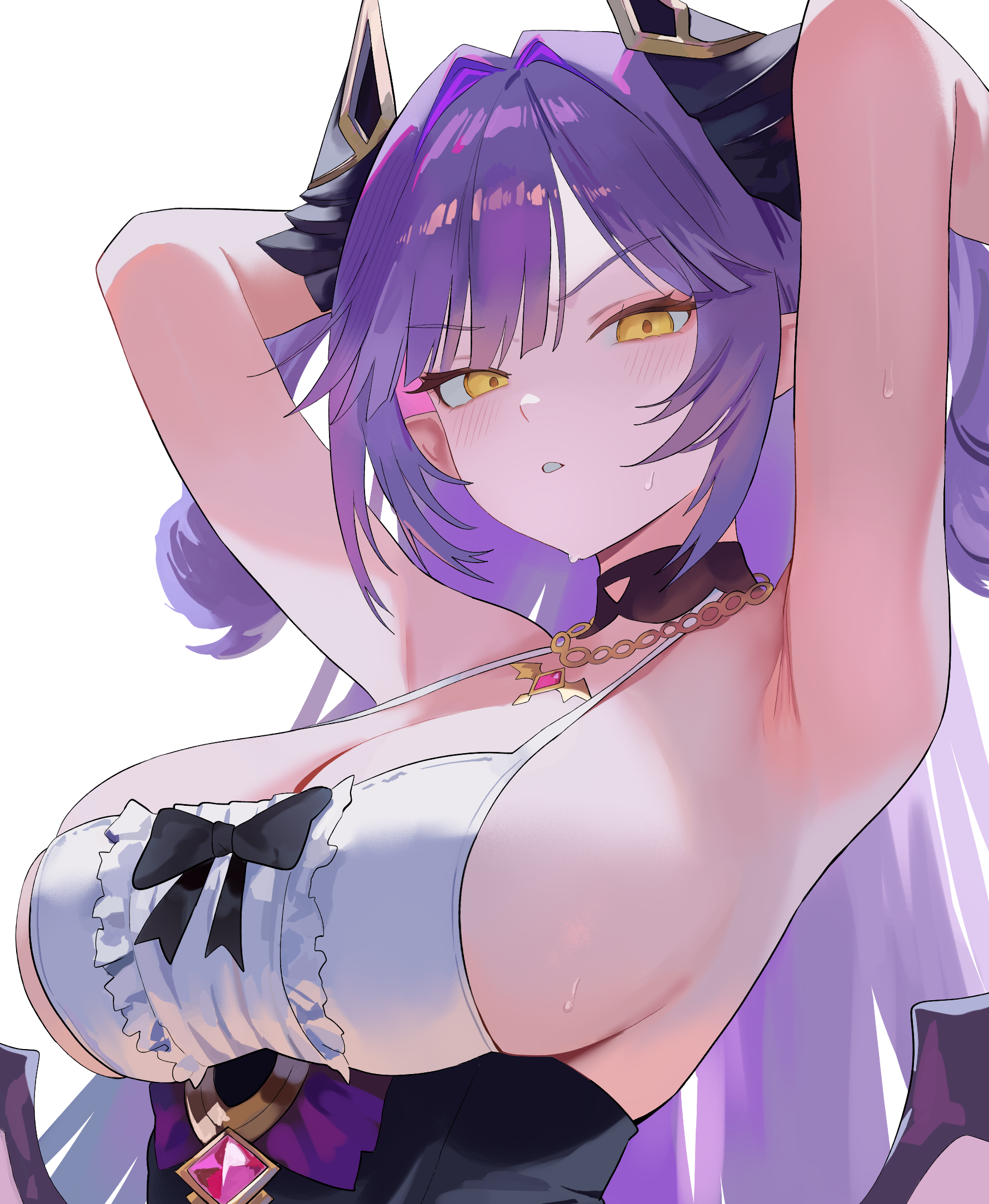 nbee ya, sakihane huya, stellive, highres, 1girl, armpit focus, armpits, arms behind head, arms up, bare arms, bare shoulders, black bow, black choker, bow, breasts, center frills, choker, cleavage, dragon horns, frills, frown, horns, jewelry, large breasts, long hair, looking at viewer, necklace, parted lips, pointy ears, presenting armpit, purple hair, shirt, sideboob, sidelocks, sleeveless, sleeveless shirt, solo, spaghetti strap, sweat, two side up, upper body, v-shaped eyebrows, virtual youtuber, white shirt, yellow eyes