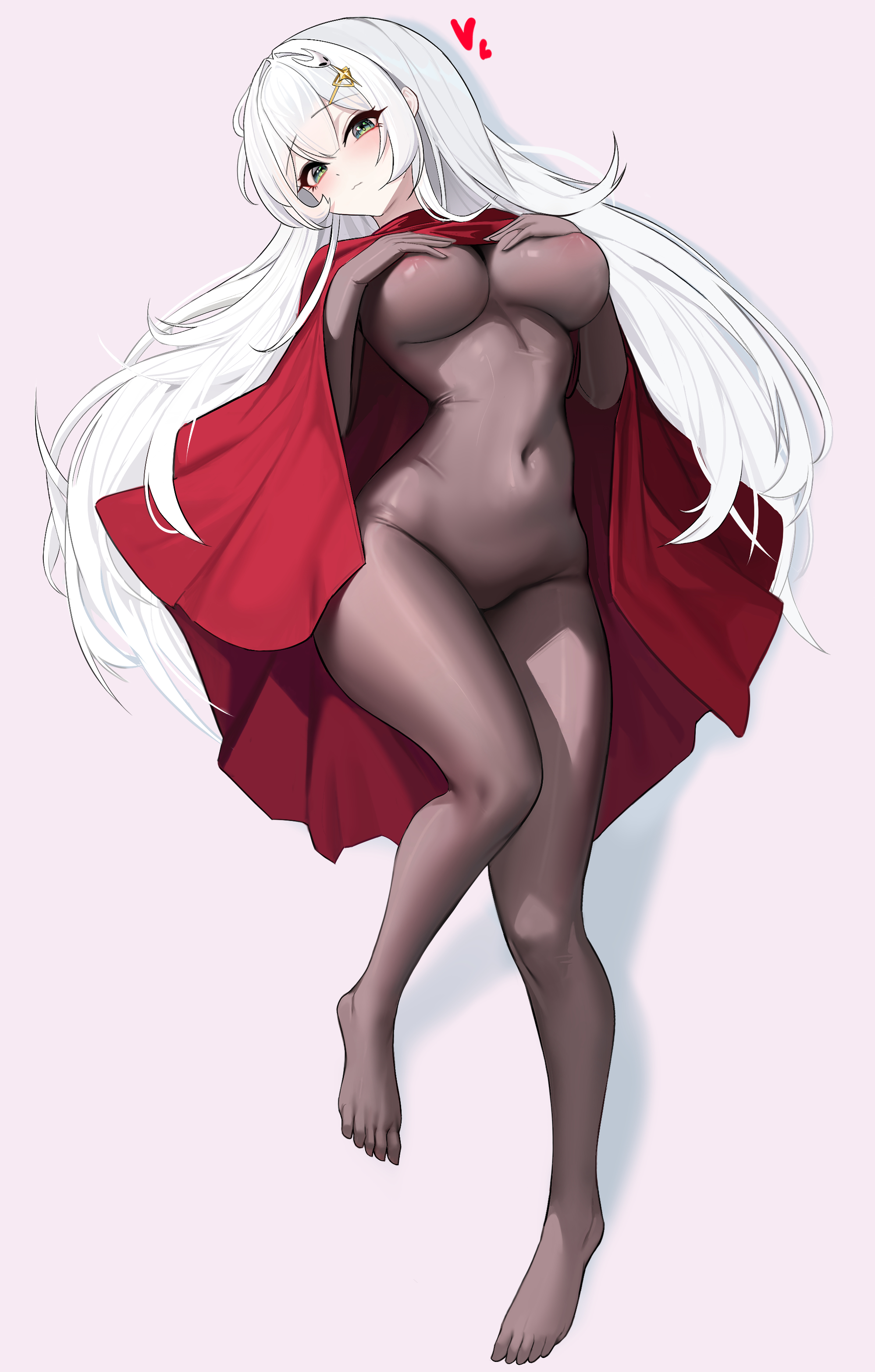 bryuni, hornet (hollow knight), hyua, hollow knight, hollow knight: silksong, indie virtual youtuber, absurdres, highres, 1girl, areola slip, black bodysuit, blush, bodysuit, breasts, cleavage, cloak, closed mouth, cosplay, covered groin, covered navel, covering breasts, covering privates, eyeliner, feet, from above, full body, green eyes, hair between eyes, hair intakes, hair ornament, hair spread out, hands on own chest, hands up, head tilt, heart, horned mask, hornet (hollow knight) (cosplay), large breasts, legs, long hair, looking at viewer, lying, makeup, mask, on back, pink background, red cloak, red eyeliner, sidelocks, simple background, solo, thighs, toes, underboob, very long hair, virtual youtuber, white hair