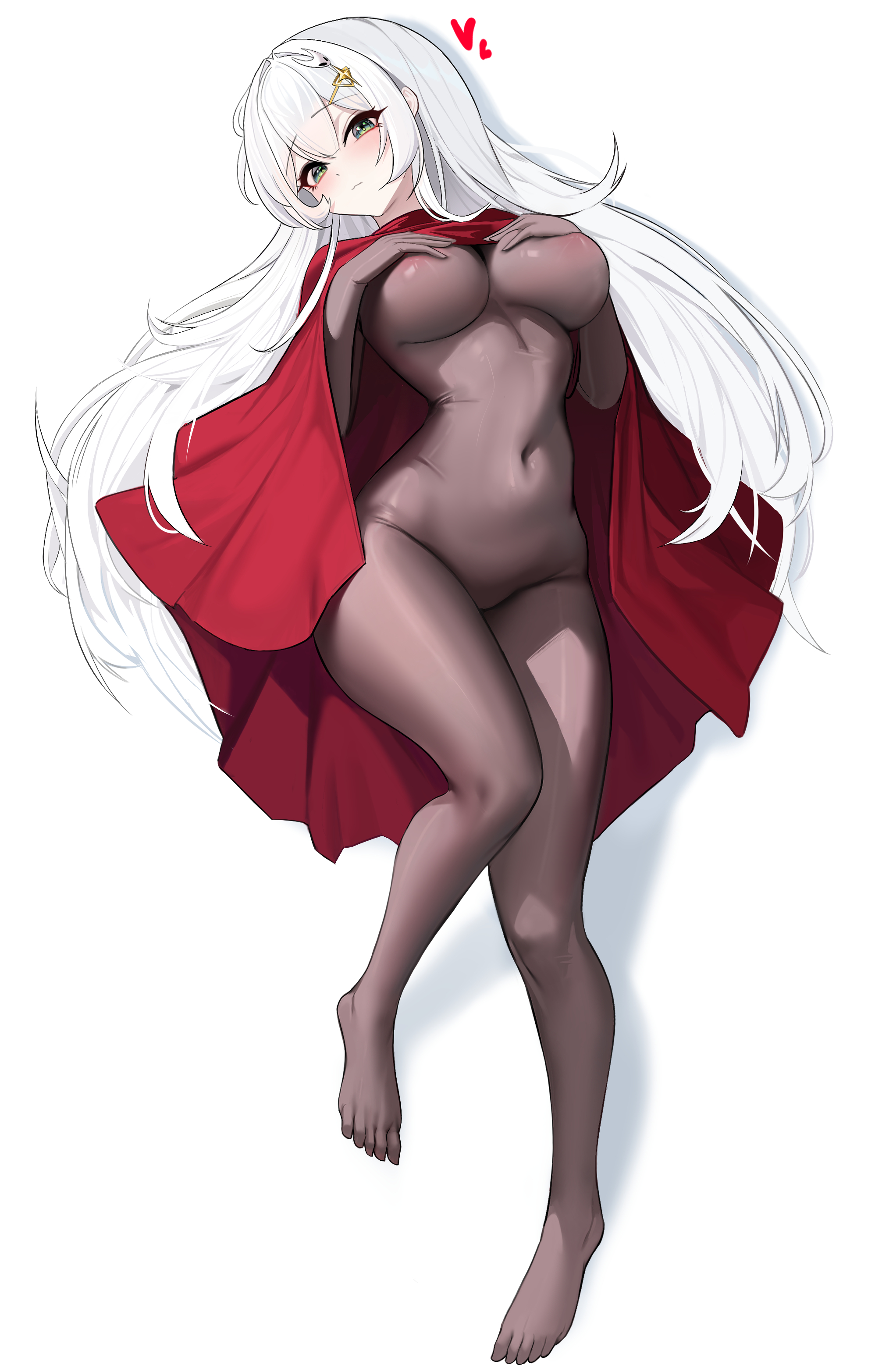 bryuni, hornet (hollow knight), hyua, hollow knight, hollow knight: silksong, indie virtual youtuber, absurdres, highres, 1girl, areola slip, black bodysuit, blush, bodysuit, breasts, cleavage, cloak, closed mouth, cosplay, covered groin, covered navel, covering breasts, covering privates, eyeliner, feet, from above, full body, green eyes, hair between eyes, hair intakes, hair ornament, hair spread out, hands on own chest, hands up, head tilt, heart, horned mask, hornet (hollow knight) (cosplay), large breasts, legs, long hair, looking at viewer, lying, makeup, mask, on back, red cloak, red eyeliner, sidelocks, simple background, solo, thighs, toes, underboob, very long hair, virtual youtuber, white background, white hair