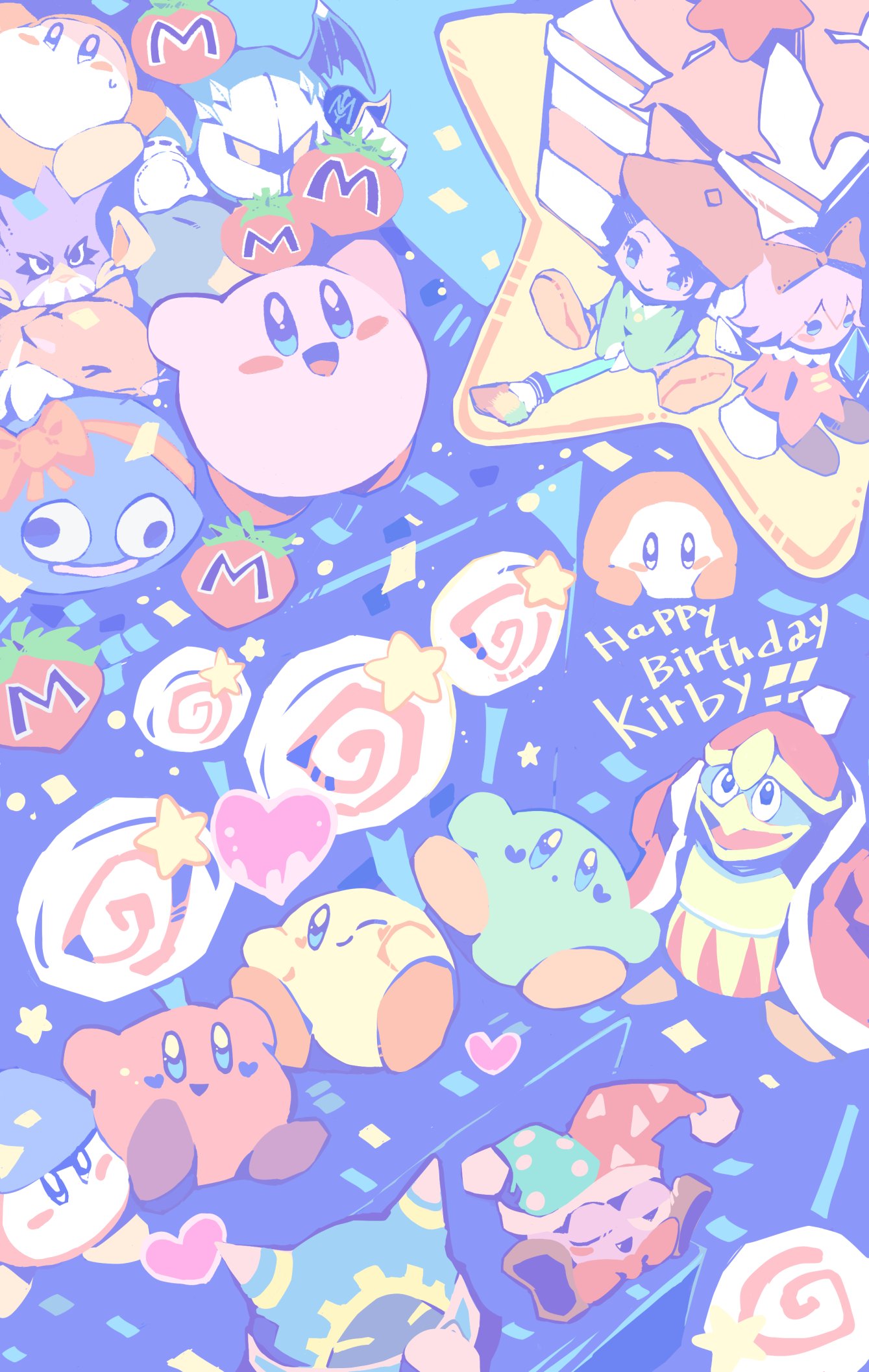 purano7, adeleine, bandana waddle dee, coo (kirby), gooey (kirby), king dedede, kirby, magolor, marx (kirby), meta knight, ribbon (kirby), rick (kirby), waddle dee, kirby (series), nintendo, highres, :d, animal, beret, bird, blue eyes, blue hat, blush stickers, brown shoes, cake, candy, closed eyes, closed mouth, coat, colored skin, everyone, feathers, food, gloves, green shirt, green skin, hair ribbon, hamster, happy birthday, hat, holding, holding brush, jester cap, lollipop, maxim tomato, multiple boys, multiple girls, open mouth, orange fur, orange hat, orange ribbon, orange skin, owl, pastel colors, pink hair, purple feathers, rayman limbs, red coat, red hat, ribbon, shirt, shoes, short hair, sitting, slime (creature), smile, standing, star (symbol), sweat, wings, yellow shoes, yellow skin