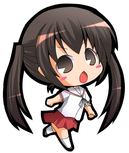 suntail, minami kana, minami-ke, lowres, 00s, 1girl, blush, brown eyes, brown hair, chestnut mouth, chibi, female focus, long hair, pac-man eyes, school uniform, skirt, solo, twintails, very long hair