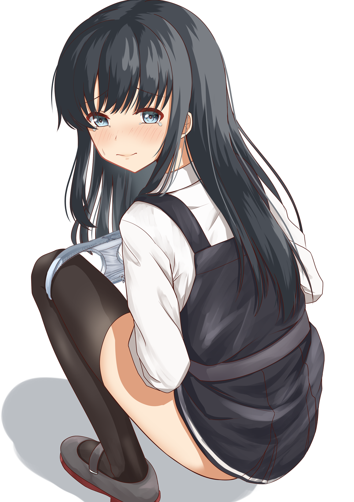 zuki, asashio (kancolle), kantai collection, commentary request, highres, variant set, 1girl, black dress, black hair, black thighhighs, blush, bow, bow panties, closed mouth, dress, embarrassed, full body, grey eyes, grey shoes, long hair, long sleeves, looking at viewer, looking back, mary janes, panties, panty pull, panty tag, petite, pinafore dress, raised inner eyebrows, shadow, shirt, shoes, simple background, sleeveless, sleeveless dress, solo, squatting, straight hair, tearing up, thighhighs, turning head, underwear, white background, white panties, white shirt, wispy bangs