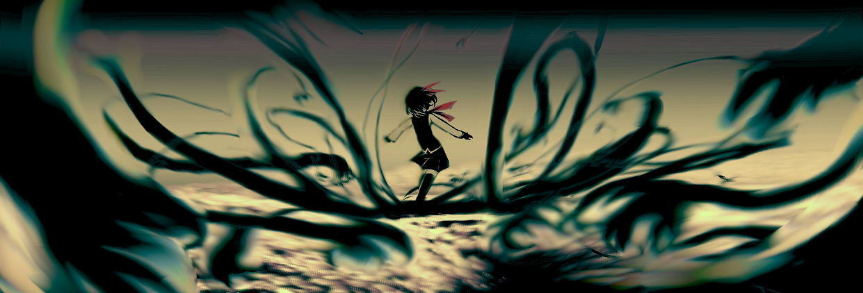 yoshioka yoshiko, rumia, black magic, embodiment of scarlet devil, touhou, 1girl, blonde hair, dark, darkness, female focus, red eyes, short hair, solo