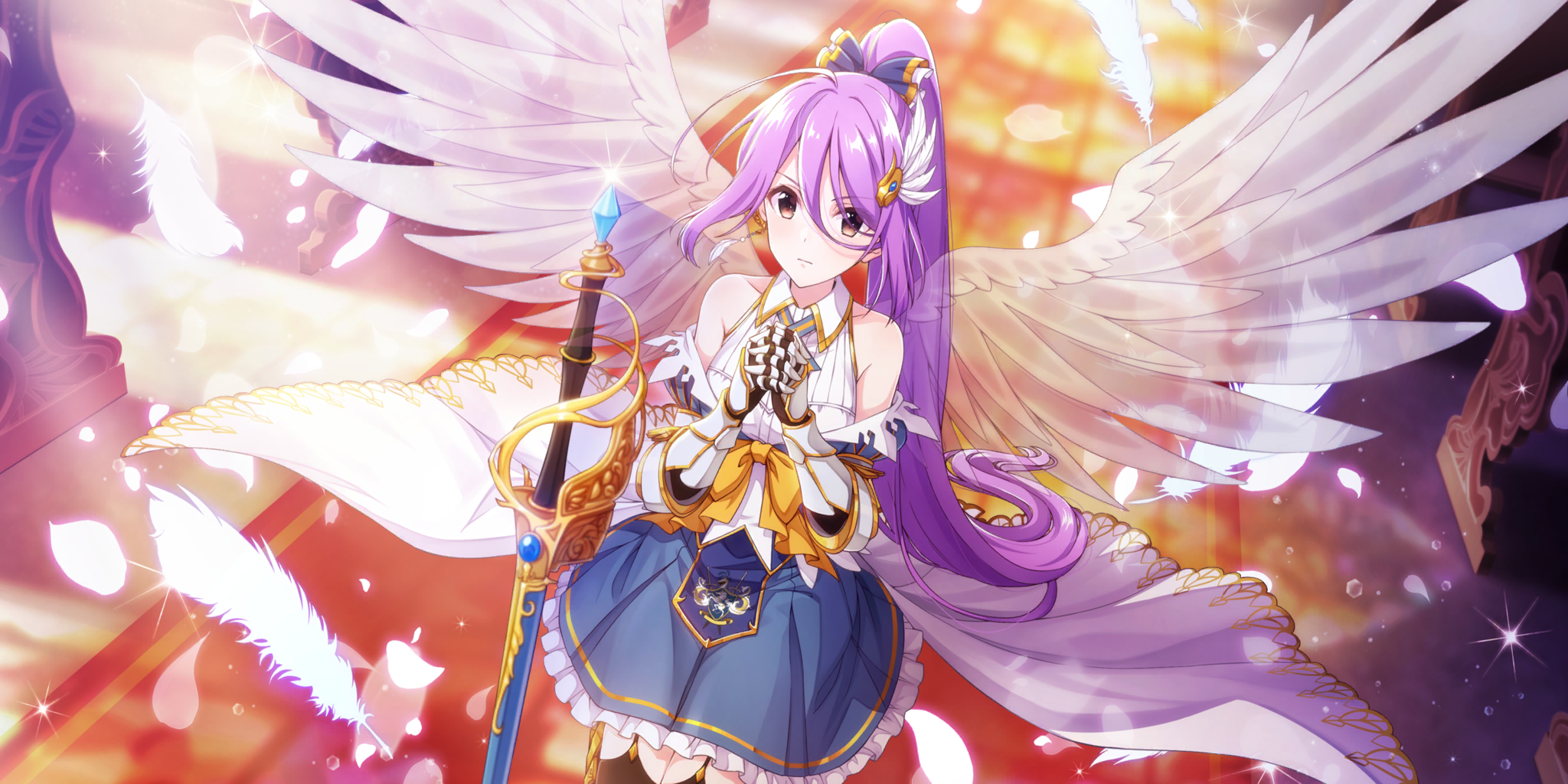ashley (lapis re:lights), lapis re:lights, game cg, highres, official art, third-party source, 1girl, armpit crease, bare shoulders, black thighhighs, blue gemstone, blue skirt, bow, brown eyes, cowboy shot, dot nose, dress, falling feathers, falling petals, feather hair ornament, feathered wings, feathers, frilled skirt, frills, gauntlets, gem, hair ornament, hands up, high ponytail, layered skirt, long hair, looking at viewer, own hands clasped, own hands together, petals, planted, planted sword, planted weapon, ponytail, purple hair, red carpet, scabbard, sheath, sheathed, showgirl skirt, sidelocks, skirt, sleeveless, sleeveless dress, solo, sparkle, sword, thighhighs, very long hair, weapon, white dress, white feathers, white petals, white skirt, wings, yellow bow