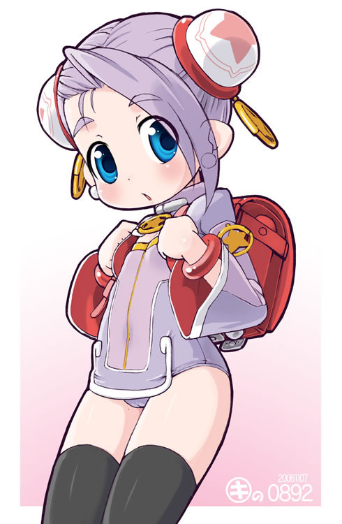 kei jiei, carbonara, 1girl, asymmetrical bangs, backpack, bag, black thighhighs, blue eyes, bracelet, cameltoe, cowboy shot, earrings, female focus, gradient background, jewelry, pink background, purple hair, randoseru, solo, star (symbol), thighhighs