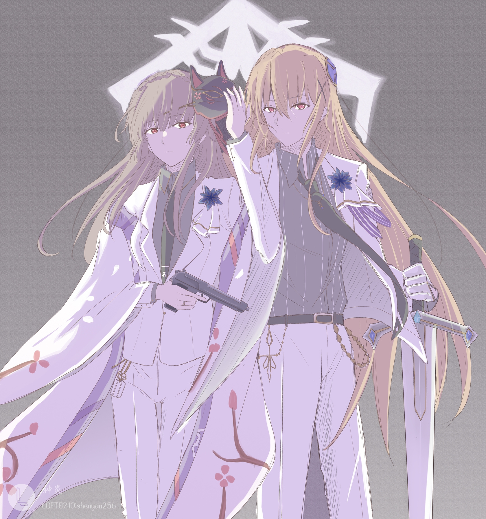 shenyan256, kiryuu miya, shirakawa yuina, heaven burns red, sig sauer, highres, 2girls, belt, black necktie, blonde hair, blue flower, braid, brown eyes, brown hair, chain, closed mouth, collared shirt, cross, crown braid, expressionless, flower, formal clothes, fox mask, gloves, grey background, grey hair, grey shirt, gun, hair between eyes, hair ornament, handgun, holding, holding gun, holding mask, holding sword, holding weapon, jacket, japanese clothes, jewelry, kimono, long hair, long sleeves, looking at viewer, mask, mask on head, multiple girls, necktie, open clothes, open jacket, pants, red eyes, revolver, ring, shirt, standing, striped clothes, suit, sword, vertical-striped clothes, very long hair, weapon, white gloves, white jacket, white pants, white suit, wide sleeves