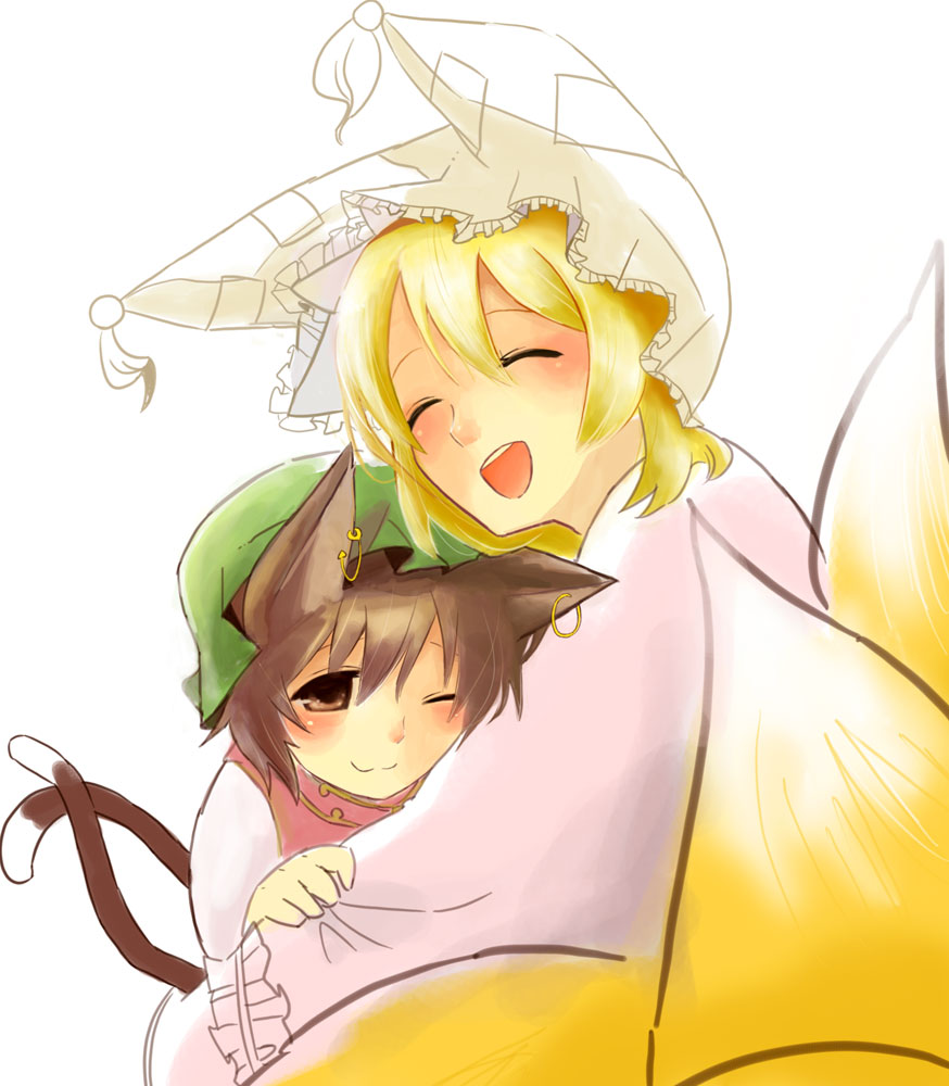 kohraru, chen, yakumo ran, touhou, bad id, bad pixiv id, 2girls, :3, ^ ^, animal ears, animal hat, blonde hair, blush, brown eyes, brown hair, cat ears, cat girl, cat tail, closed eyes, earrings, female focus, fox ears, fox tail, hat, jewelry, long sleeves, mob cap, multiple girls, multiple tails, one eye closed, open mouth, short hair, single earring, tail, tassel, white background, wide sleeves