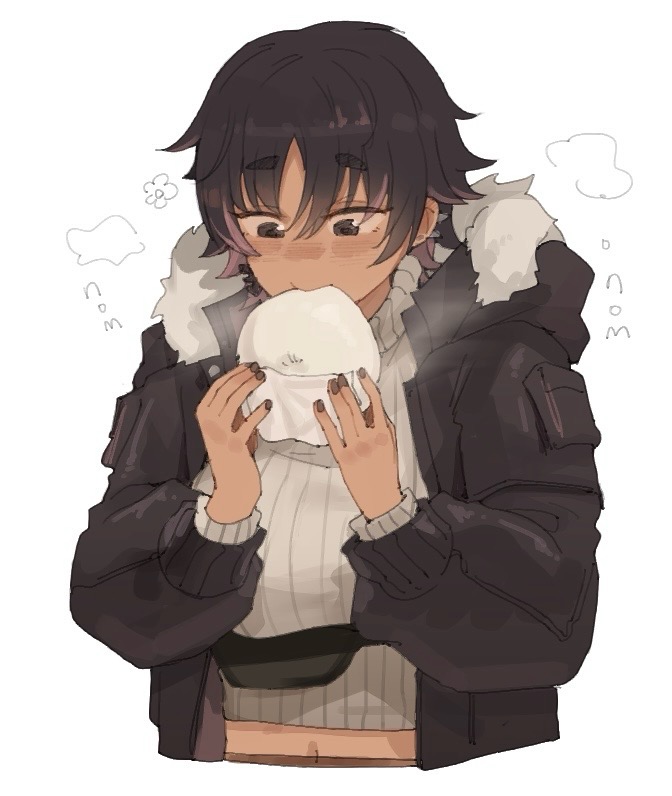 gurenola, bon (vtuber), indie virtual youtuber, 1girl, black eyes, black hair, black jacket, black nails, breasts, dark-skinned female, dark skin, ear piercing, eating, fanny pack, fish skeleton earrings, food, fur-trimmed jacket, fur trim, jacket, multicolored hair, navel, open clothes, open jacket, piercing, pink hair, ribbed sweater, short hair, solo, steamed bun, streaked hair, sweater, virtual youtuber