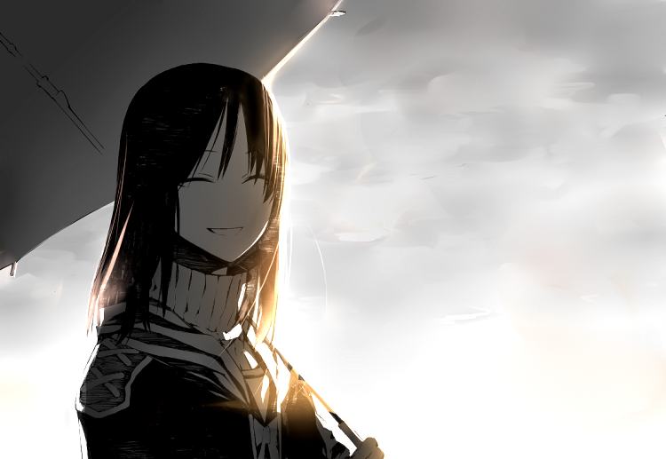 onigunsou, original, black hair, closed eyes, grin, smile, solo, umbrella