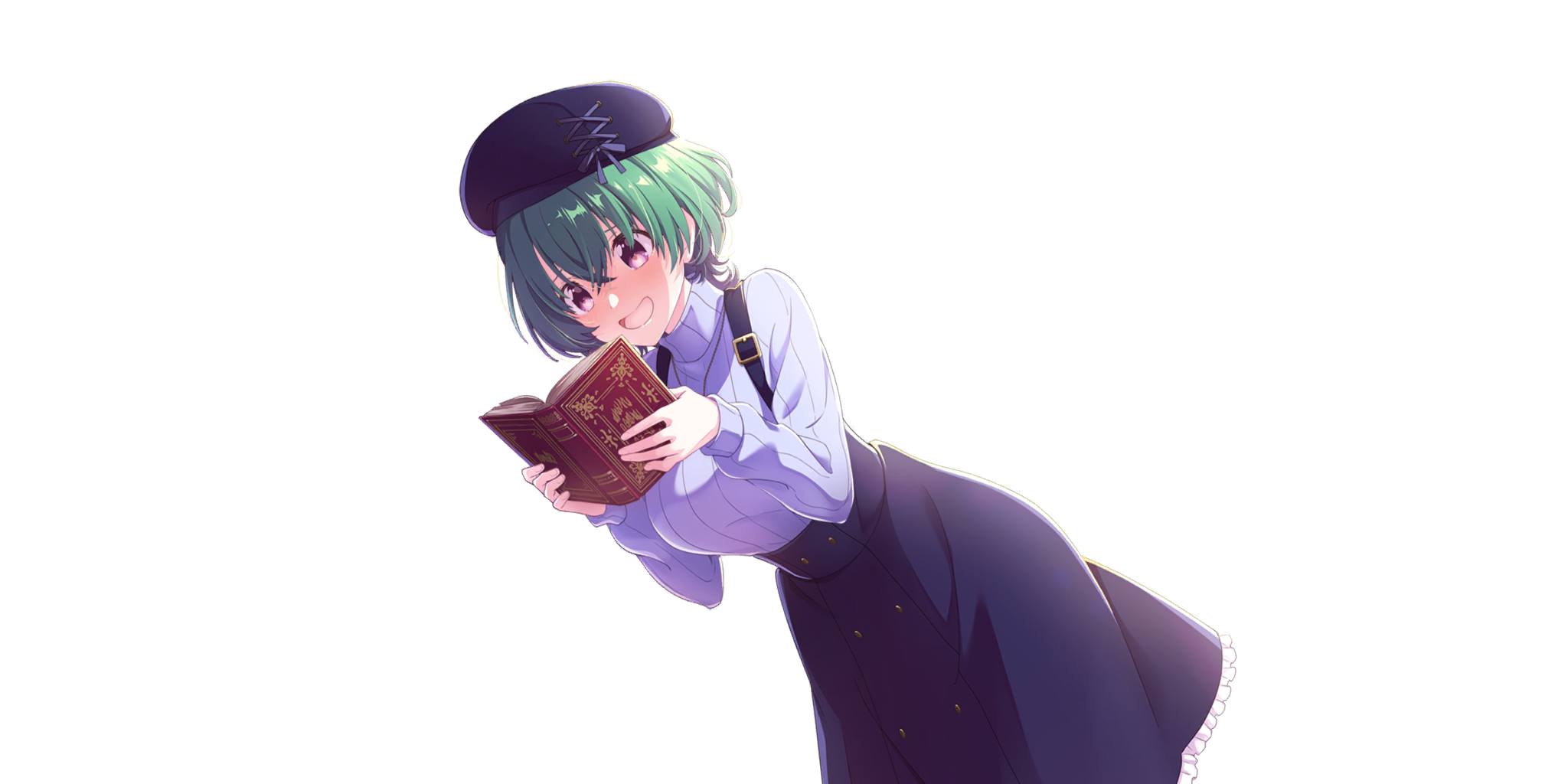 lynette (lapis re:lights), lapis re:lights, game cg, highres, official art, third-party source, 1girl, :d, beret, black hat, black skirt, black suspenders, book, breasts, dot nose, dutch angle, feet out of frame, green hair, hat, holding, holding book, large breasts, long skirt, long sleeves, open book, open mouth, purple eyes, purple shirt, reading, ribbed shirt, shirt, short hair, simple background, skirt, smile, solo, suspender skirt, suspenders, transparent background, turtleneck, turtleneck shirt