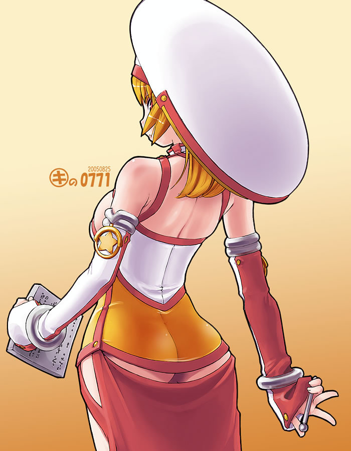 kei jiei, ravioli, original, ass, back, blonde hair, breasts, butt crack, cowboy shot, detached sleeves, dress, gradient background, large breasts, orange background, orange theme, red eyes, revealing clothes, solo, star (symbol), stone tablet