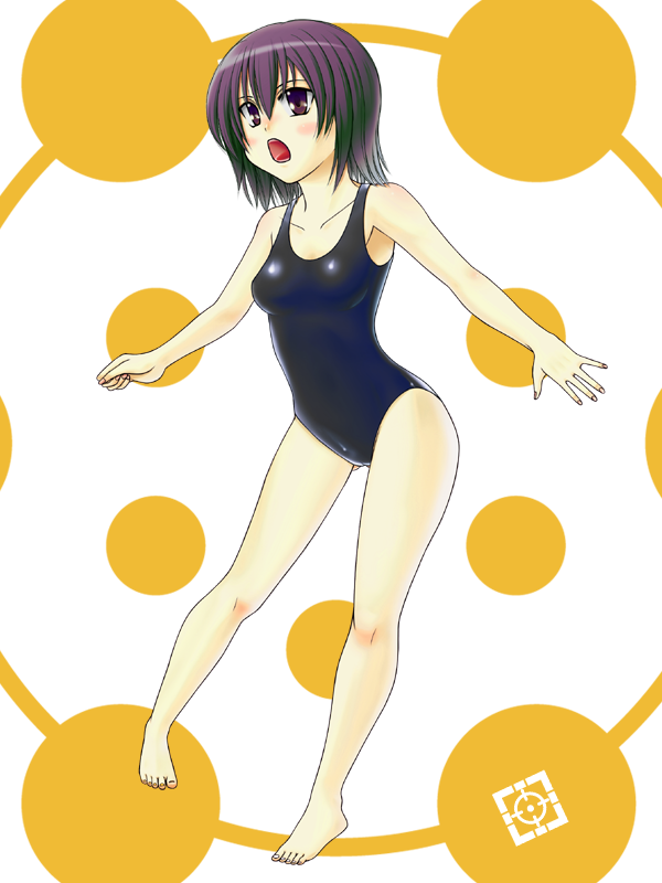 onoga yue, bad id, bad pixiv id, barefoot, brown eyes, feet, full body, legs, one-piece swimsuit, purple hair, school swimsuit, short hair, solo, swimsuit, transparent background