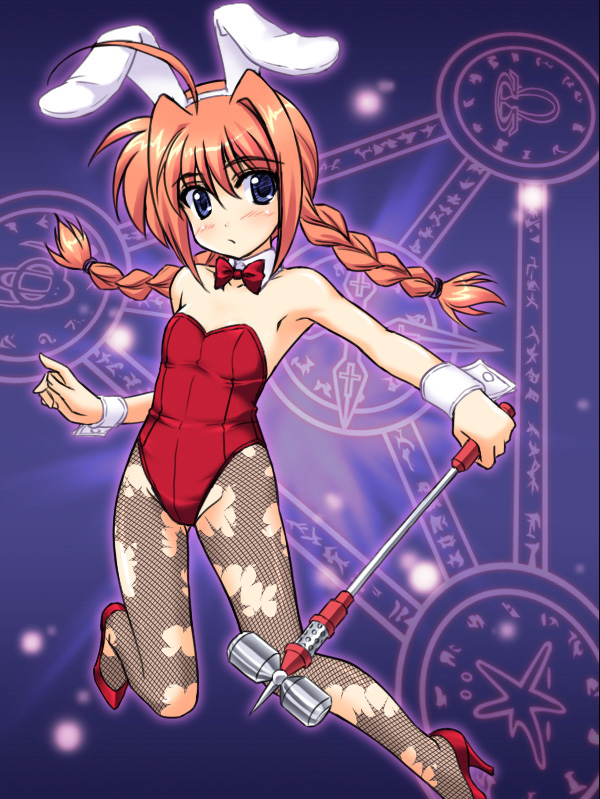 masakichi (crossroad), graf eisen, vita (nanoha), lyrical nanoha, mahou shoujo lyrical nanoha, 00s, animal ears, blue eyes, bow, bowtie, braid, detached collar, fake animal ears, fishnet pantyhose, fishnets, flat chest, long hair, mallet, pantyhose, playboy bunny, rabbit ears, red bow, red bowtie, red hair, solo, torn clothes, torn pantyhose, twin braids