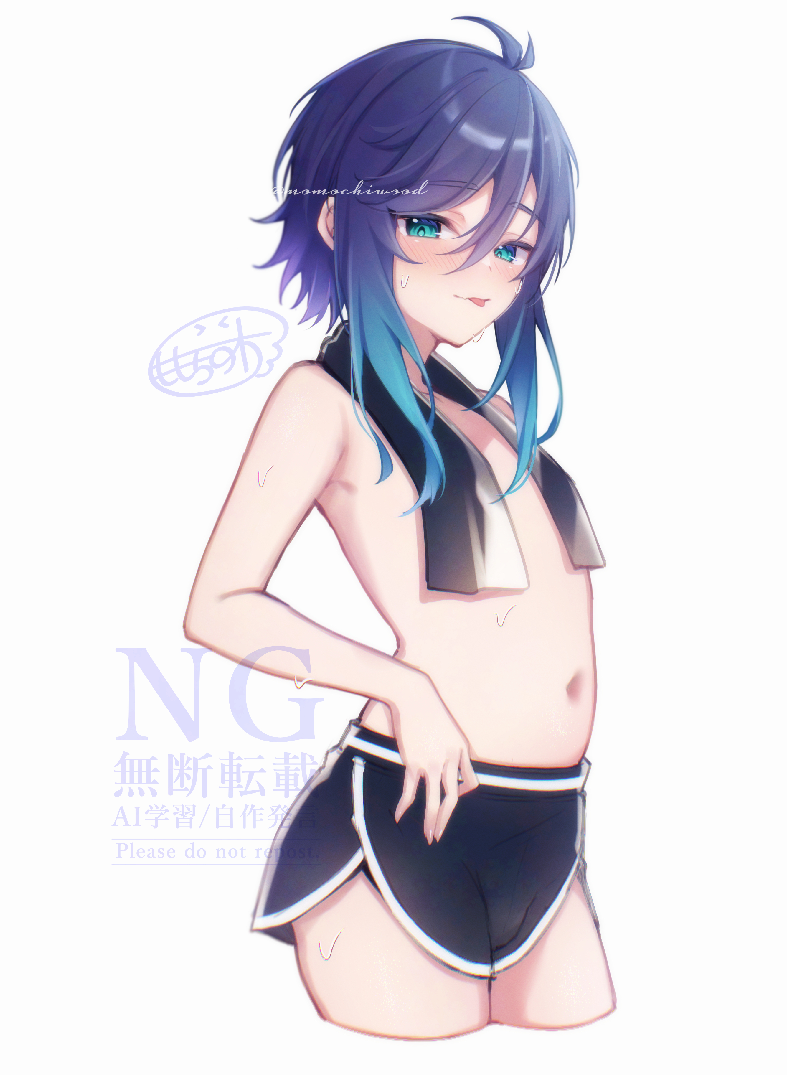 momochiwood, venti (genshin impact), genshin impact, absurdres, highres, 1boy, aqua hair, black hair, black shorts, blush, gradient hair, hair between eyes, male focus, multicolored hair, navel, short hair with long locks, shorts, solo, stomach, tongue, tongue out, topless male, towel, towel around neck, white background