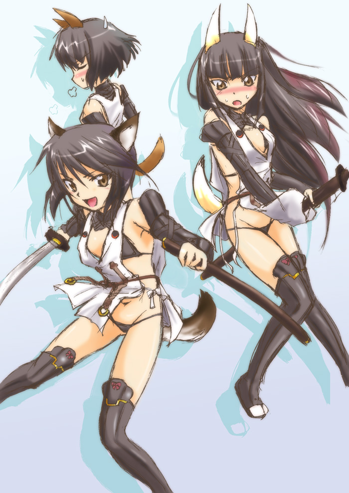 anabuki tomoko, katou takeko, kuroe ayaka, strike witches, strike witches: suomus misfits squadron, strike witches zero, world witches series, 00s, 3girls, animal ears, bikini, black hair, bob cut, brown eyes, fox ears, fox tail, long hair, multiple girls, ninja, short hair, swimsuit, sword, tail, thighhighs, weapon