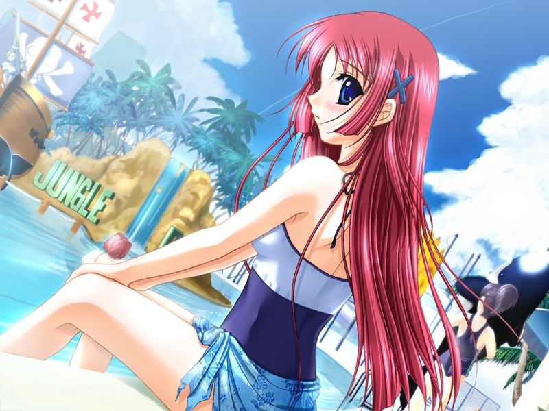 shirakawa kotori, da capo, da capo i, game cg, non-web source, 00s, 1girl, blue eyes, casual one-piece swimsuit, day, dutch angle, female focus, long hair, looking back, one-piece swimsuit, outdoors, pool, poolside, red hair, sarong, solo, swimsuit