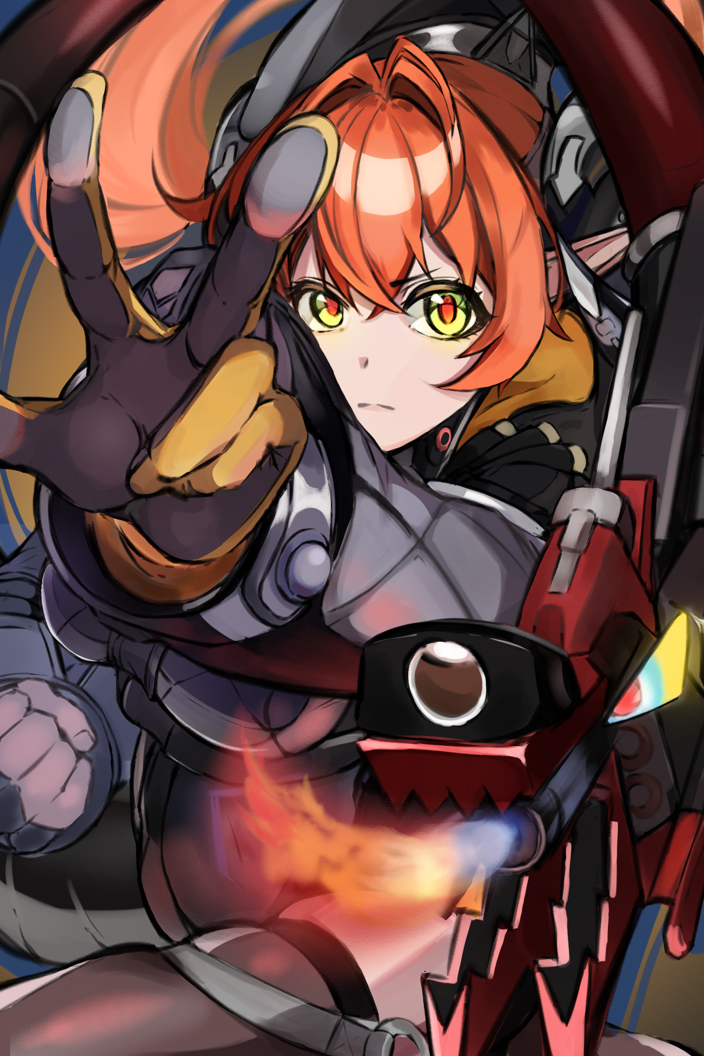 orphie magnusson, zenless zone zero, highres, 1girl, black thighhighs, clenched hand, fire, gloves, green eyes, hair between eyes, hair intakes, horns, jacket, long hair, long sleeves, looking at viewer, orange gloves, orange hair, pointy ears, solo, tail, thighhighs, twintails, user yerf5583