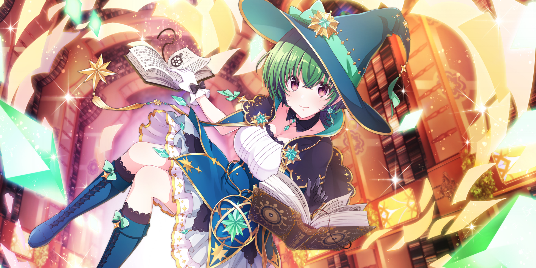 lynette (lapis re:lights), lapis re:lights, game cg, highres, official art, third-party source, 1girl, aqua gemstone, asymmetrical gloves, black bow, black capelet, black gloves, blue boots, blue corset, blue skirt, book, bookshelf, boots, bow, breasts, capelet, cleavage, closed mouth, collarbone, corset, detached collar, dot nose, dress, earrings, floating, floating book, floating object, from above, gem, glove bow, gloves, green gemstone, green hair, green hat, green ribbon, hat, hat ornament, hat ribbon, indoors, jewelry, knee boots, lace-up boots, large breasts, layered skirt, library, looking at viewer, magic, midair, mismatched gloves, open book, paper, purple eyes, railing, ribbon, short hair, skirt, smile, solo, star (symbol), star earrings, underbust, white dress, white gloves, white skirt, wide brim, witch hat