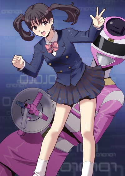 izumi rion, imamura miku, megapink, denji sentai megaranger, super sentai, tokusatsu, animification, black hair, blazer, bow, brown eyes, hair ornament, jacket, laughing, legs, miniskirt, plaid clothes, plaid skirt, pleated skirt, ribbon, school uniform, skirt, smile, twintails, v