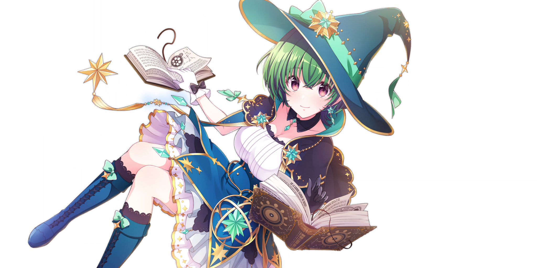 lynette (lapis re:lights), lapis re:lights, game cg, highres, official art, third-party source, 1girl, aqua gemstone, asymmetrical gloves, black bow, black capelet, black gloves, blue boots, blue corset, blue skirt, book, boots, bow, breasts, capelet, cleavage, closed mouth, collarbone, corset, detached collar, dot nose, dress, earrings, floating, floating book, floating object, gem, glove bow, gloves, green hair, green hat, green ribbon, hat, hat ornament, hat ribbon, jewelry, knee boots, lace-up boots, large breasts, layered skirt, looking at viewer, mismatched gloves, open book, purple eyes, ribbon, short hair, simple background, skirt, smile, solo, star (symbol), star earrings, transparent background, underbust, white dress, white gloves, white skirt, wide brim, witch hat