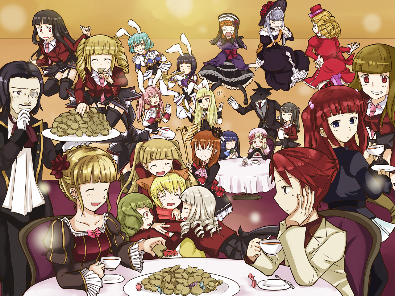 inoue yuka, pos87, asmodeus (umineko), beatrice (umineko), beelzebub (umineko), belphegor (umineko), chiester00, chiester410, chiester45, chiester556, chiester sisters, eva beatrice, frederica bernkastel, gaap (umineko), goatman (umineko), lambdadelta, leviathan (umineko), lucifer (umineko), mammon (umineko), maria (umineko), ronove (umineko), sakutarou (umineko), satan (umineko), stakes of purgatory, ushiromiya ange, ushiromiya battler, virgilia (umineko), 07th expansion, no naku koro ni (series), umineko no naku koro ni, silver hair, 00s, 4boys, 6+girls, animal ears, black eyes, black hair, blonde hair, blue eyes, blue hair, bow, brother and sister, brown hair, cat ears, cookie, dress, drill hair, everyone, eyepatch, food, formal clothes, green hair, hair bobbles, hair ornament, hat, instrument, jacket, mini hat, mini top hat, monocle, multiple boys, multiple girls, necktie, orange hair, pink hair, pink necktie, rabbit ears, red eyes, red hair, scarf, showgirl skirt, siblings, smile, suit, tambourine, tea, thighhighs, top hat, trumpet