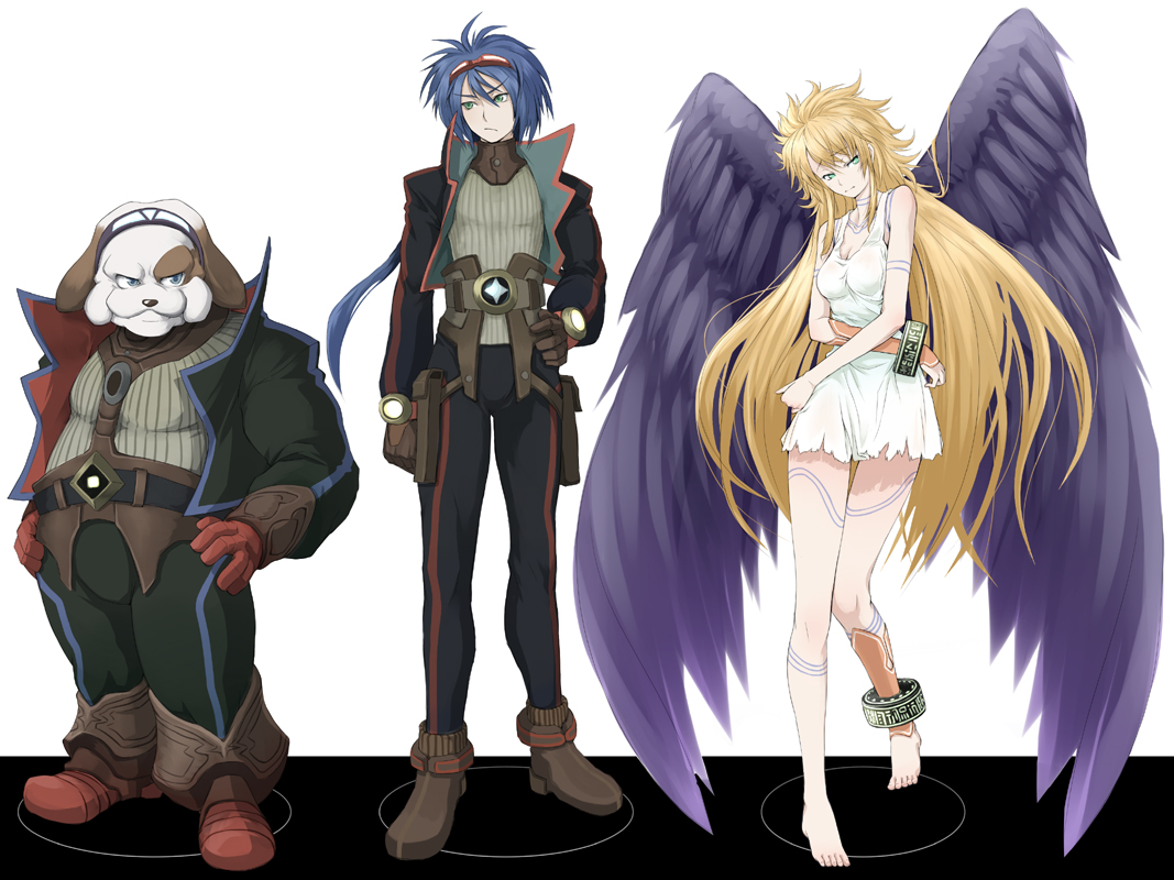 rana (re cis), taka yanagi, takayanagi (artist), bosch 1/64, bow (breath of fire), nina (breath of fire ii), nina (breath of fire v), ryu (breath of fire ii), ryu (breath of fire v), breath of fire, breath of fire ii, breath of fire v, bad id, bad pixiv id, 1girl, 2boys, angel wings, barefoot, black wings, blonde hair, blue hair, bosch (cosplay), bosch 1/64 (cosplay), cosplay, dress, feet, long hair, multiple boys, name connection, nina (breath of fire v) (cosplay), nina v (cosplay), ryu (breath of fire v) (cosplay), ryu v (cosplay), wings