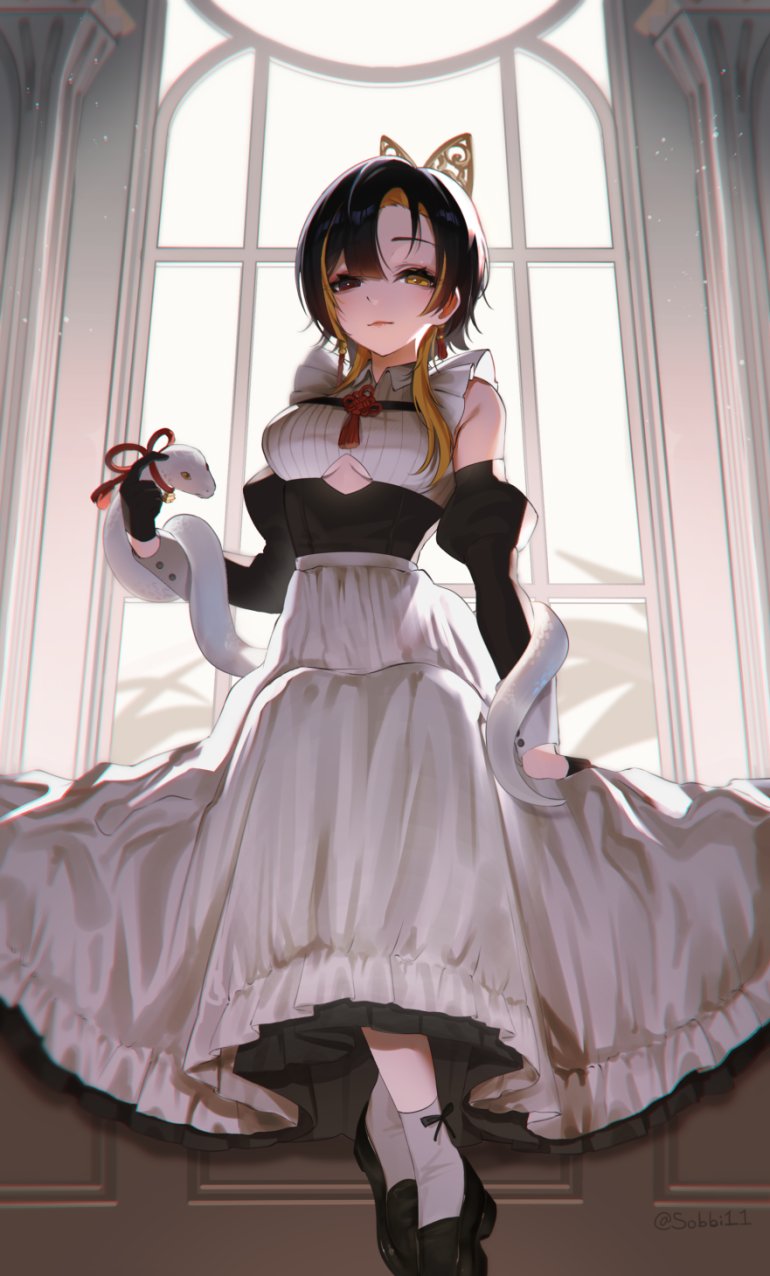 sobbi11, kannagi loki, phase connect, commission, highres, 1girl, black dress, black gloves, black hair, black shoes, black sleeves, blonde hair, breasts, closed mouth, clothing cutout, dress, gloves, heterochromia, maid, multicolored hair, red eyes, ribbed shirt, shirt, shoes, snake, socks, streaked hair, tassel, underboob cutout, virtual youtuber, white shirt, white socks, window, yellow eyes