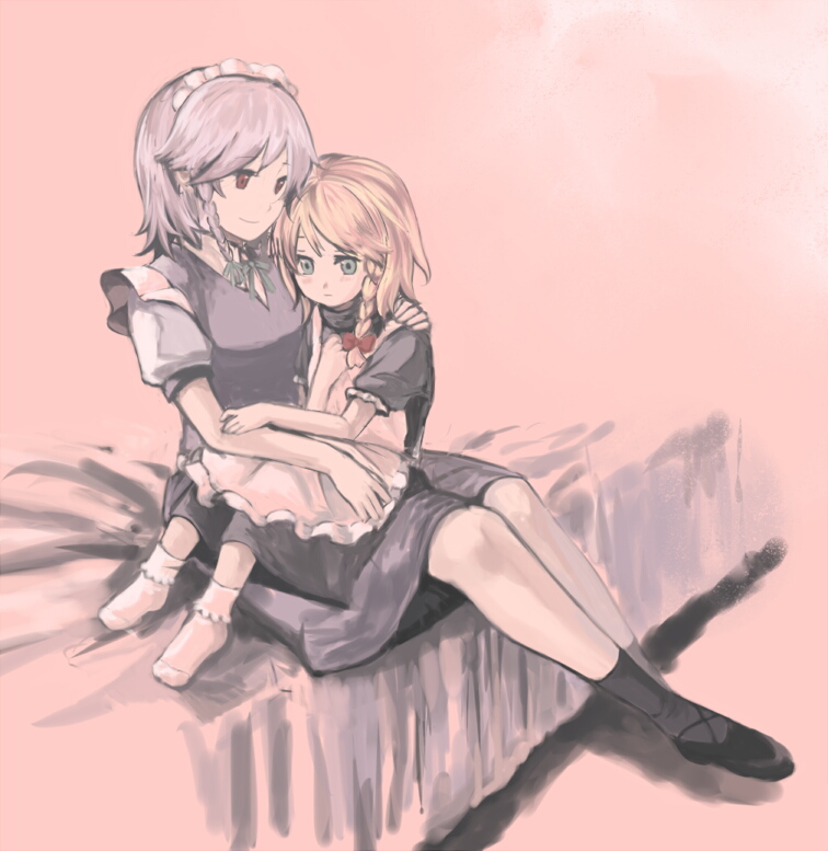 ari (artist), ariori haberi, izayoi sakuya, kirisame marisa, touhou, bad id, bad pixiv id, 2girls, aged down, blonde hair, braid, female focus, multiple girls, socks