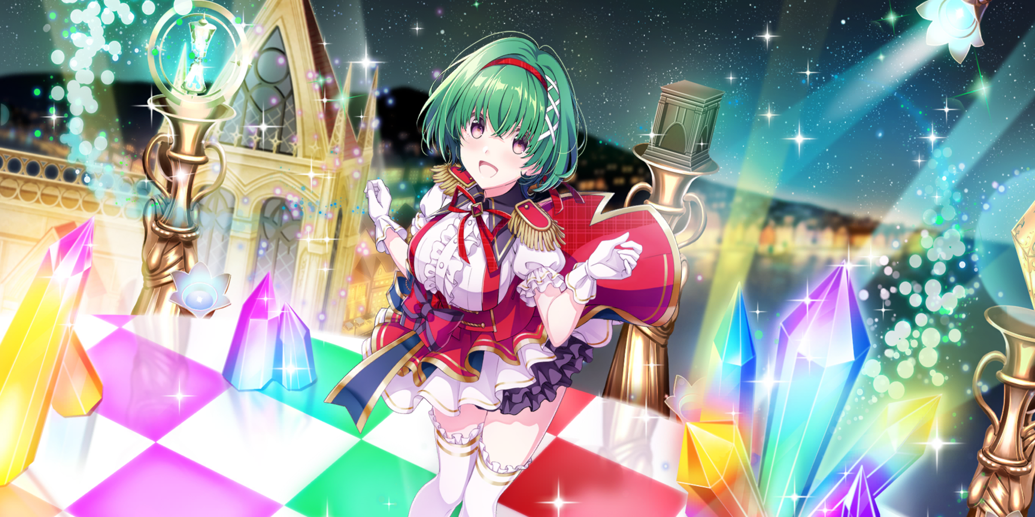 lynette (lapis re:lights), lapis re:lights, game cg, highres, official art, third-party source, 1girl, :d, black skirt, blue ribbon, blurry, blurry background, bow, breasts, building, buttons, checkered floor, city lights, cityscape, crystal, diamond-shaped brooch, diamond (shape), double-breasted, dress, epaulettes, feet out of frame, gloves, green hair, hair ribbon, hairband, idol, idol clothes, large breasts, layered skirt, looking at viewer, night, night sky, open mouth, outdoors, plaid clothes, plaid dress, purple eyes, red bow, red hairband, red ribbon, red skirt, ribbon, short hair, skirt, sky, smile, solo, stage, stage lights, star (sky), starry sky, striped bow, suspender skirt, suspenders, thighhighs, white gloves, white ribbon, white skirt, white thighhighs, zettai ryouiki