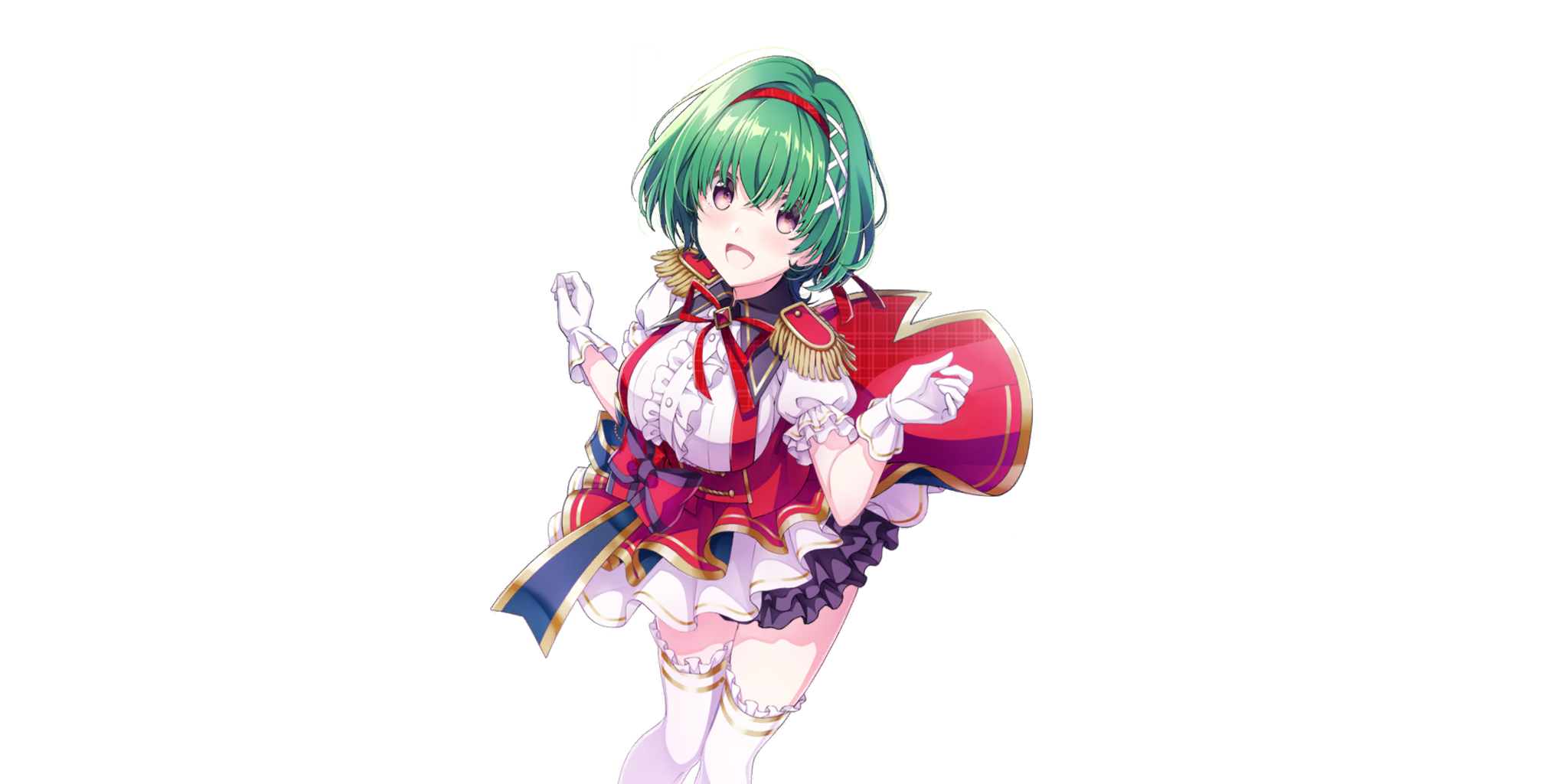 lynette (lapis re:lights), lapis re:lights, game cg, highres, official art, third-party source, 1girl, :d, black skirt, blue ribbon, bow, breasts, buttons, diamond-shaped brooch, diamond (shape), double-breasted, dress, epaulettes, feet out of frame, gloves, green hair, hair ribbon, hairband, idol, idol clothes, large breasts, layered skirt, looking at viewer, open mouth, plaid clothes, plaid dress, purple eyes, red bow, red hairband, red ribbon, red skirt, ribbon, short hair, simple background, skirt, smile, solo, striped bow, suspender skirt, suspenders, thighhighs, transparent background, white gloves, white ribbon, white skirt, white thighhighs, zettai ryouiki