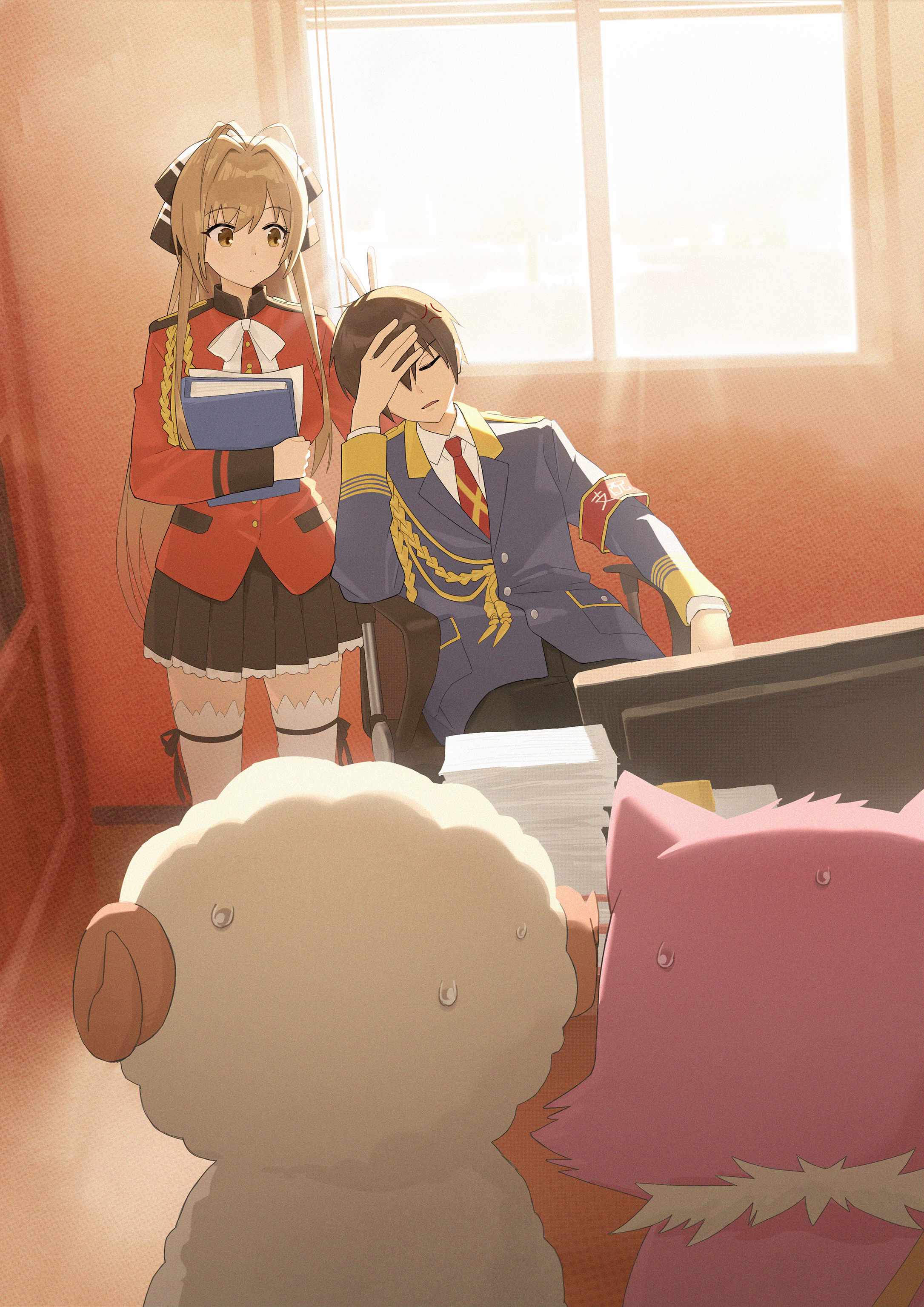 kanie seiya, macaron (amaburi), sento isuzu, tiramii, amagi brilliant park, absurdres, commentary, highres, symbol-only commentary, 1boy, 1girl, anger vein, annoyed, blue jacket, book, brown eyes, brown hair, hand on own head, holding, holding book, jacket, looking at another, monitor, necktie, nervous sweating, overexposure, paper stack, pleated skirt, red jacket, red necktie, ribbon, shirt, skirt, sweat, sweatdrop, thighhighs, white ribbon, white shirt, white thighhighs, yioukei, zettai ryouiki