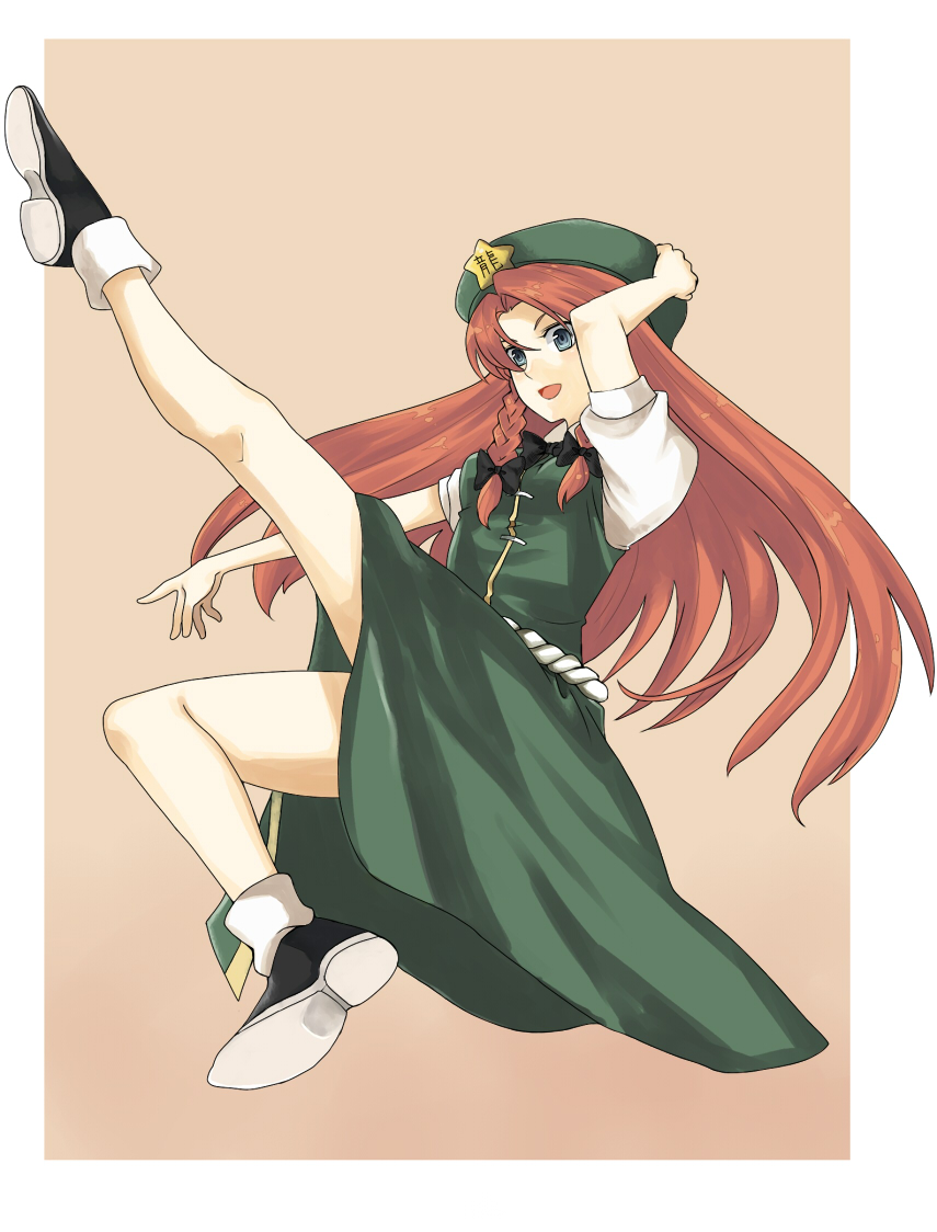 aki (mare desiderii), hong meiling, touhou, bad id, bad pixiv id, 1girl, bare legs, beret, blue eyes, braid, female focus, hand on headwear, hat, long hair, outstretched leg, red hair, simple background, smile, solo, star (symbol), twin braids