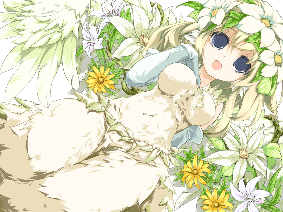 sanoharu, elle (lom), legend of mana, seiken densetsu, blonde hair, blue eyes, elbow gloves, feathers, flower, gloves, monster girl, nature, smile, solo, wings