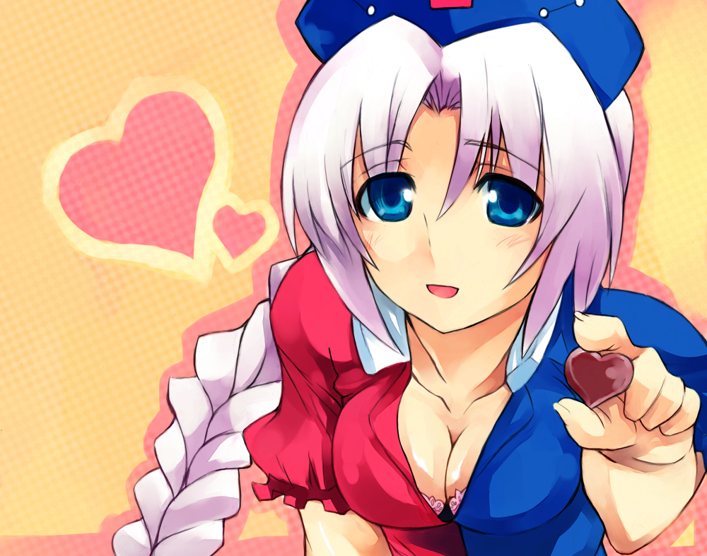sawamura hikaru, yagokoro eirin, touhou, 1girl, blue eyes, braid, breasts, candy, chocolate, chocolate heart, cleavage, female focus, hat, heart, long hair, medium breasts, solo, valentine, white hair