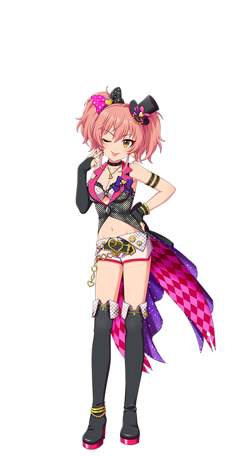 jougasaki mika, idolmaster, idolmaster cinderella girls, idolmaster cinderella girls starlight stage, 1girl, armband, belt, boots, bow, breasts, choker, cleavage, fingerless gloves, full body, gloves, hand on own hip, hat, high heel boots, high heels, jewelry, midriff, mini hat, navel, necklace, one eye closed, pink hair, short shorts, shorts, solo, thigh boots, tongue, tongue out, transparent background, twintails, v, yellow eyes