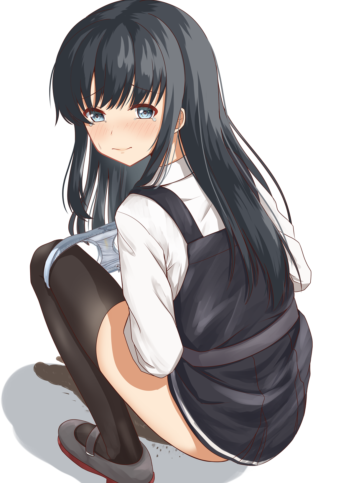 zuki, asashio (kancolle), kantai collection, pee puddle, commentary request, highres, variant set, 1girl, black dress, black hair, black thighhighs, blush, bow, bow panties, closed mouth, dress, embarrassed, full body, grey eyes, grey shoes, long hair, long sleeves, looking at viewer, looking back, mary janes, panties, panty pull, panty tag, pee, pee stain, petite, pinafore dress, raised inner eyebrows, shadow, shirt, shoes, simple background, sleeveless, sleeveless dress, solo, squatting, stained panties, straight hair, tearing up, thighhighs, turning head, underwear, white background, white panties, white shirt, wispy bangs