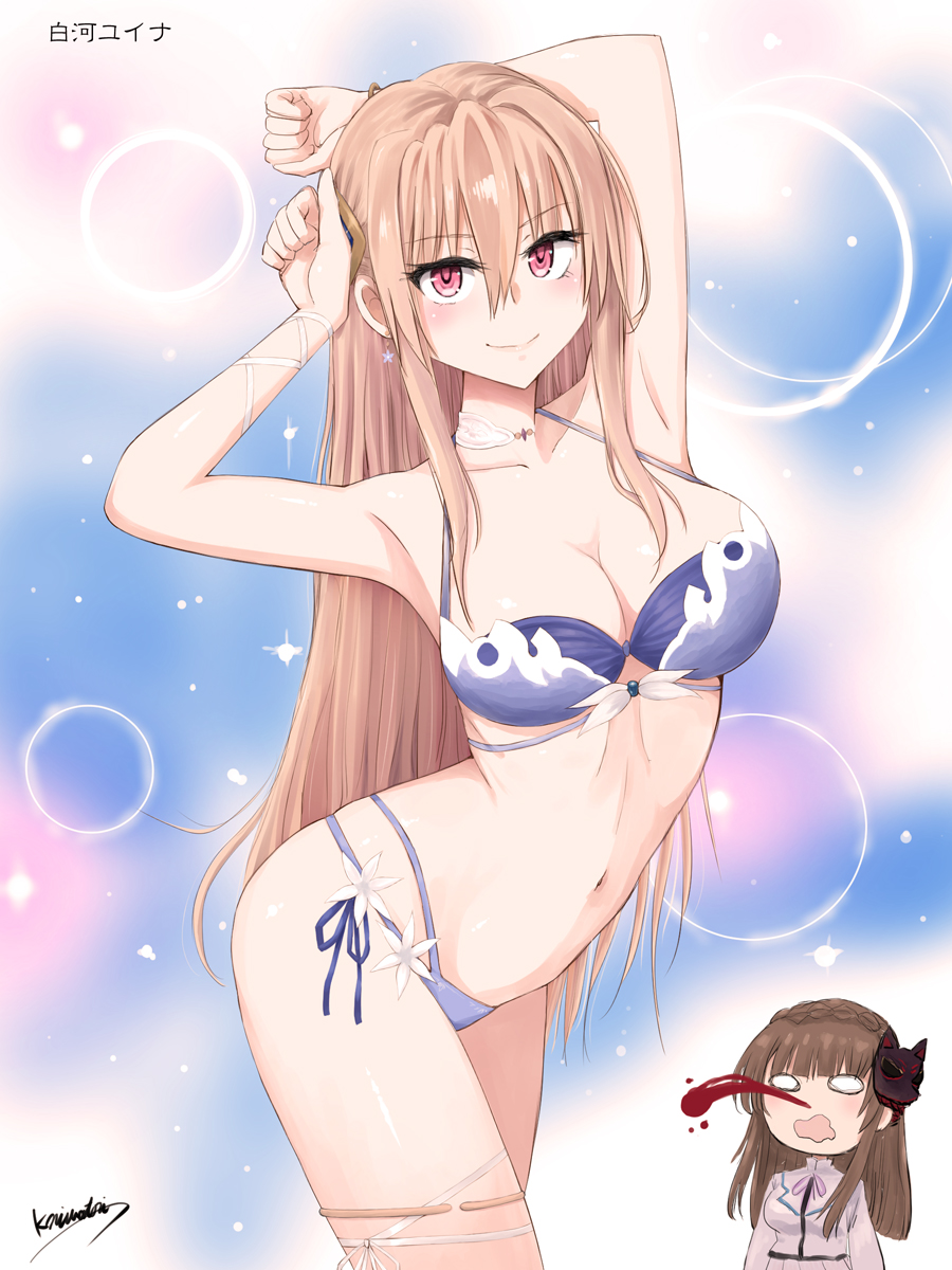 niwatori kokezou, kiryuu miya, shirakawa yuina, heaven burns red, highres, 2girls, arched back, armpits, arms up, artist name, bikini, blonde hair, blood, blue bikini, blush, breasts, brown hair, chibi, chibi inset, choker, cleavage, closed mouth, collarbone, earrings, fox mask, hair between eyes, hair ornament, jewelry, large breasts, long hair, looking at viewer, mask, mask on head, medium breasts, multiple girls, navel, nosebleed, official alternate costume, open mouth, pink eyes, red eyes, side-tie bikini bottom, signature, smile, solo focus, swimsuit