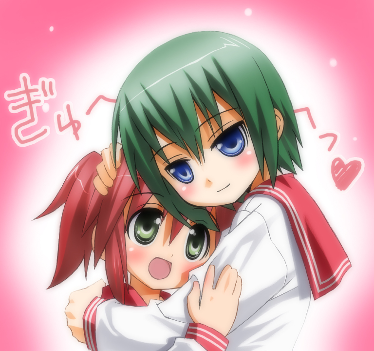 umekichi, iwasaki minami, kobayakawa yutaka, lucky star, bad id, bad pixiv id, 00s, 2girls, blue eyes, closed mouth, green eyes, green hair, heart, hug, multiple girls, open mouth, red hair, school uniform, serafuku