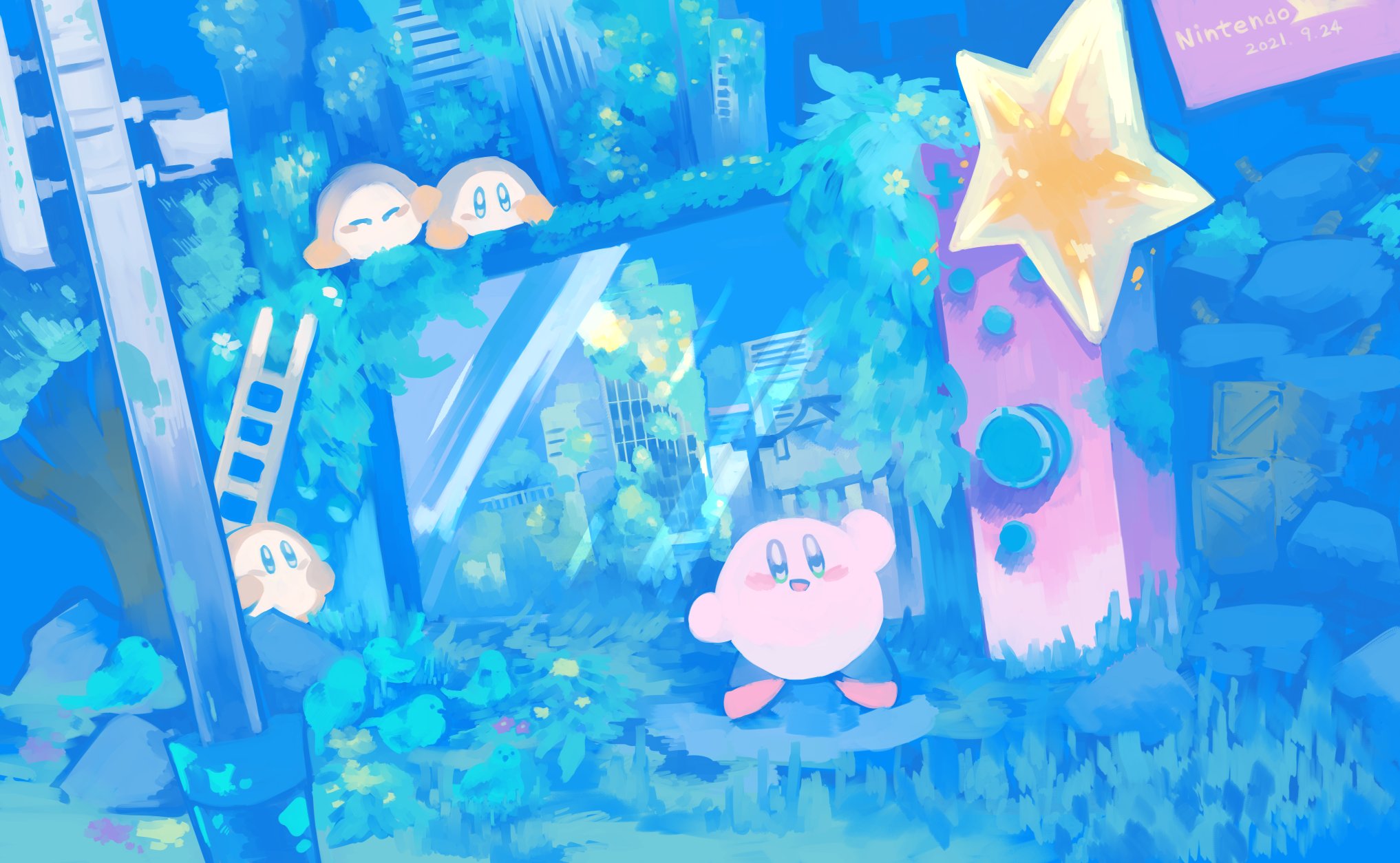 purano7, kirby, waddle dee, kirby (series), kirby and the forgotten land, nintendo, highres, :d, bird, blue bird, blue eyes, blue grass, blue theme, blush stickers, city, cityscape, moss, no humans, open mouth, outdoors, plant, ruins, smile, star (symbol)