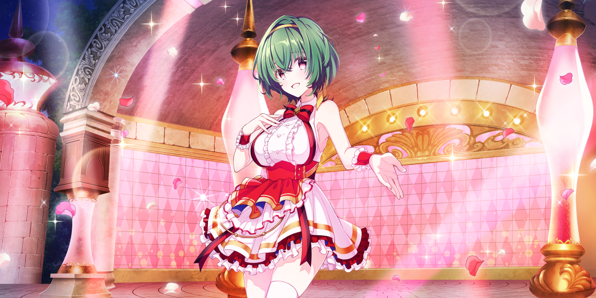 lynette (lapis re:lights), lapis re:lights, game cg, highres, official art, third-party source, 1girl, arch, bow, bowtie, breasts, brick, corset, cowboy shot, dot nose, dress, falling petals, green hair, hair intakes, hairband, hand on own chest, large breasts, layered skirt, lens flare, night, night sky, open mouth, outdoors, outstretched hand, petals, pink petals, purple eyes, red bow, red bowtie, red corset, red petals, red skirt, red wrist cuffs, short hair, sideboob, skirt, sky, smile, solo, sparkle, stage, stage lights, striped bow, striped bowtie, striped clothes, thighhighs, tile wall, tiles, tree, white dress, white petals, white skirt, white thighhighs, wrist cuffs, yellow hairband