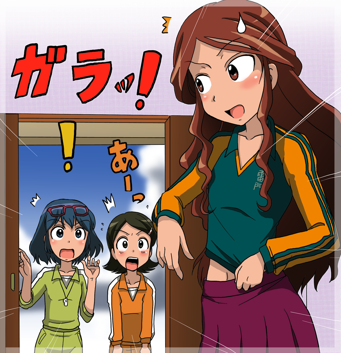 takaya n, kino aki, otonashi haruna, raimon natsumi, inazuma eleven, inazuma eleven (series), 00s, 3girls, ^^^, blue hair, blush, brown hair, clothes writing, female focus, flat chest, glasses, green hair, hair ornament, hairclip, long hair, multiple girls, open mouth, raglan sleeves, short hair, skirt, soccer uniform, sportswear, surprised, walk-in