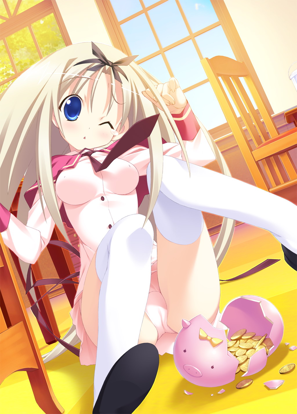 kannagi rei, lolotte rosenkreuz, twinkle crusaders, highres, 1girl, :<, ;<, blonde hair, blue eyes, breasts, chair, covered erect nipples, female focus, hair ribbon, hairband, long hair, medium breasts, necktie, one eye closed, panties, pantyshot, piggy bank, pink panties, ribbon, school uniform, sitting, solo, tears, thighhighs, triangle mouth, underwear, white thighhighs, window, wink