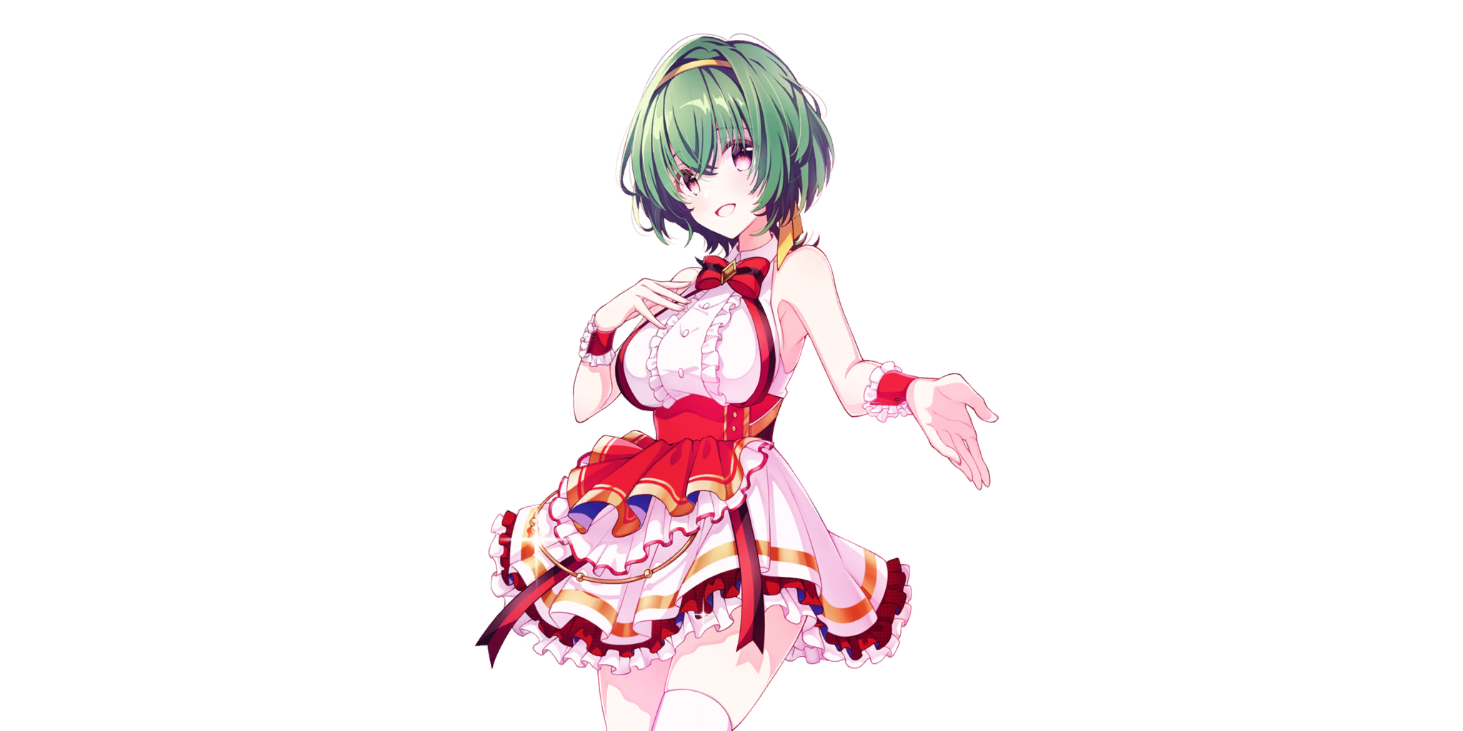 lynette (lapis re:lights), lapis re:lights, game cg, highres, official art, third-party source, 1girl, bow, bowtie, breasts, corset, cowboy shot, dot nose, dress, green hair, hair intakes, hairband, hand on own chest, large breasts, layered skirt, open mouth, outstretched hand, purple eyes, red bow, red bowtie, red corset, red skirt, red wrist cuffs, short hair, sideboob, simple background, skirt, smile, solo, striped bow, striped bowtie, striped clothes, thighhighs, transparent background, white dress, white skirt, white thighhighs, wrist cuffs, yellow hairband