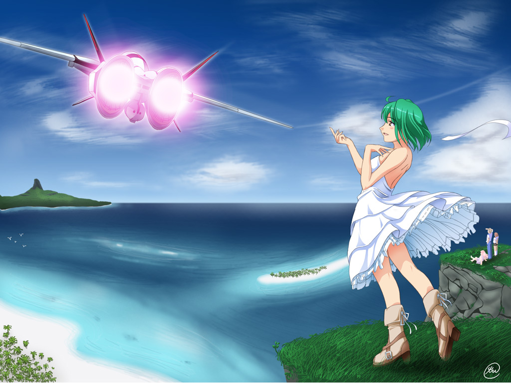 tri, luca angeloni, mikhail buran, ranka lee, sheryl nome, vf-25, macross, macross frontier, 00s, 2boys, 2girls, dress, green hair, mecha, multiple boys, multiple girls, red eyes, robot