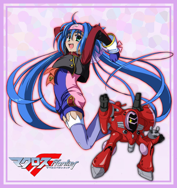 tri, klan klein, macross, macross frontier, 00s, 1girl, blue hair, boots, child, female focus, flat chest, green eyes, headband, mecha, purple boots, robot, solo