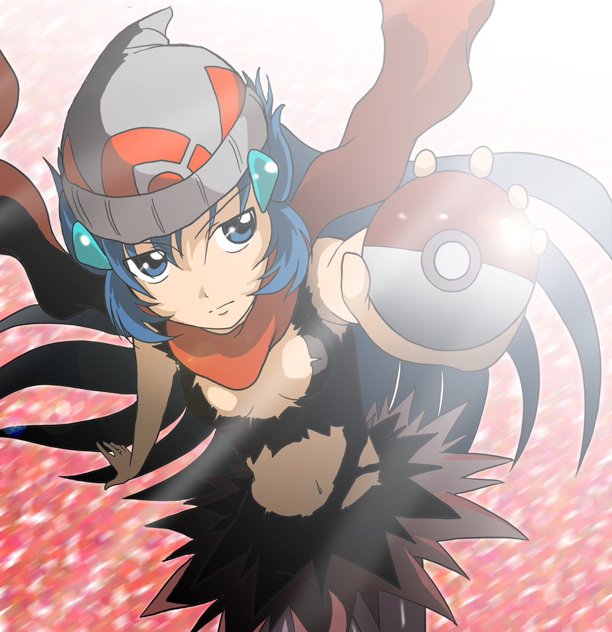 takaya n, darkrai, dawn (pokemon), nintendo, pokemon, light, highres, 1girl, beanie, blue eyes, blue hair, cosplay, darkrai (cosplay), female focus, gen 4 pokemon, hat, holding, holding poke ball, legendary pokemon, matching hair/eyes, mythical pokemon, navel, poke ball, poke ball (basic), solo, torn clothes