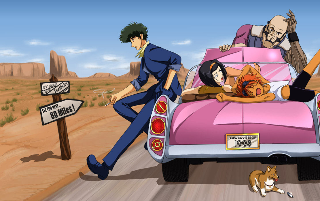 tri, edward wong hau pepelu tivrusky iv, ein (cowboy bebop), faye valentine, jet black, spike spiegel, cowboy bebop, 1990s (style), 1998, 2boys, 2girls, beard, blush stickers, car, facial hair, motor vehicle, multiple boys, multiple girls, orange hair, purple hair, retro artstyle, welsh corgi