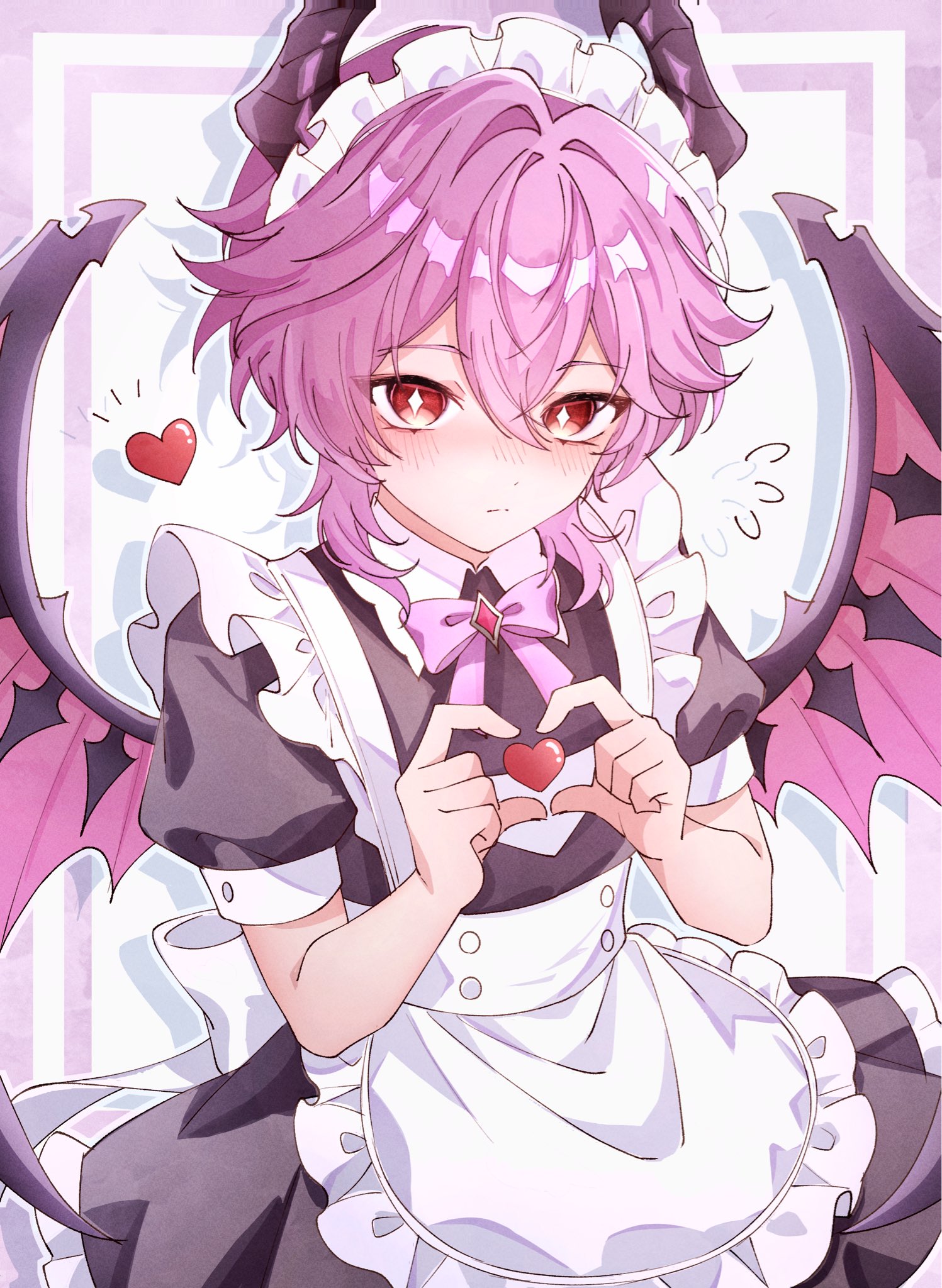 mini durin (genshin impact), mini durin (human) (genshin impact), genshin impact, highres, 1boy, apron, black dress, bow, bowtie, crossdressing, crossdressing (mtf), dragon horns, dragon wings, dress, frilled apron, frills, hair between eyes, heart, heart hands, horns, kuro774 n, long hair, maid, maid apron, maid headdress, male focus, male maid, pink bow, pink bowtie, pink hair, red eyes, simple background, solo, white apron, wings