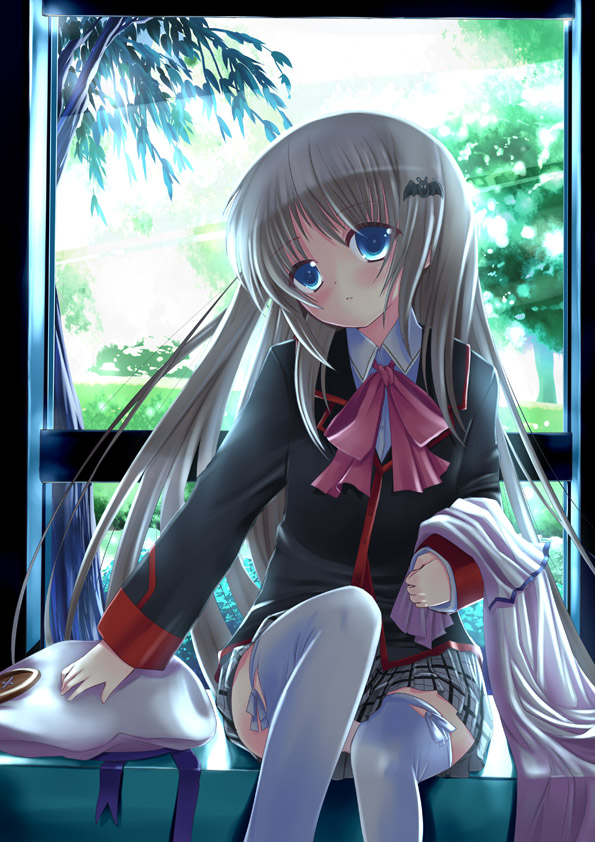xephonia, noumi kudryavka, little busters!, silver hair, 1girl, blue eyes, blush, bow, bowtie, female focus, long sleeves, looking at viewer, pink bow, pink bowtie, sitting, solo, tareme, thighhighs, white thighhighs, zettai ryouiki