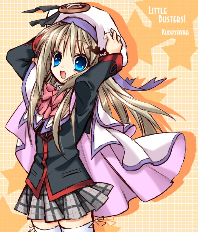 murasaki tsuki, shizuki sayaka, noumi kudryavka, little busters!, bad id, bad pixiv id, 1girl, blue eyes, bow, female focus, long hair, open mouth, pink bow, school uniform, skirt, solo, thighhighs